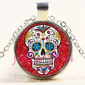 Red Background Sugar Skull Silver & Glass Necklace